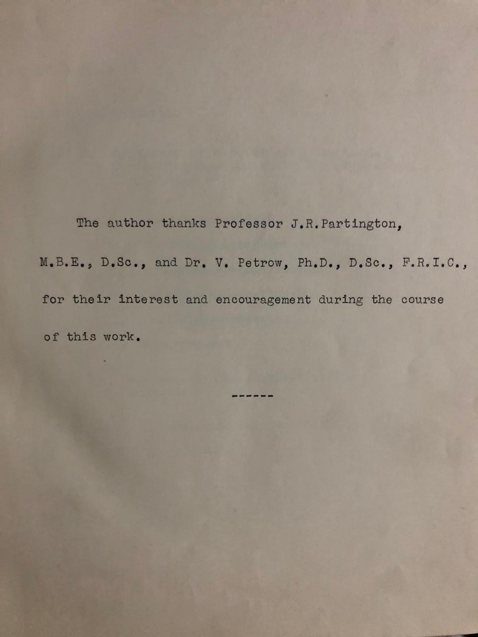 Doctoral thesis acknowledgements page — Hekmat Antaki thanks Professor J.R. Partington and Dr. V. Petrow, 1950