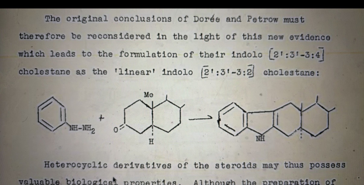 Steroid structural correction from doctoral thesis 1950: angular to linear indolo-cholestane reassignment with structural scheme